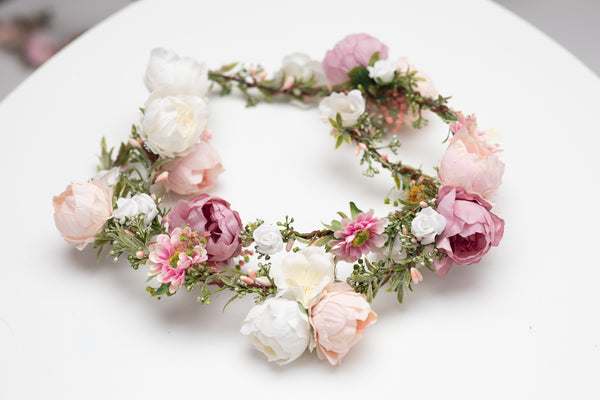 Romantic peony wedding hair garland Ivory pink peach flower headpiece Shapeable bridal flower garland Flexible Bendable wreath Magaela