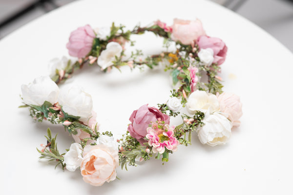 Romantic peony wedding hair garland Ivory pink peach flower headpiece Shapeable bridal flower garland Flexible Bendable wreath Magaela