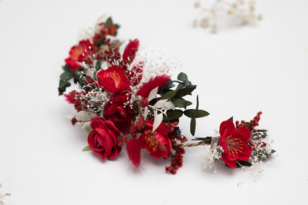 Red bridal vine Hair flowers for bride Bridal accessories Red and white flower comb Wedding hair comb Flexible Shapable hair vine Bendable