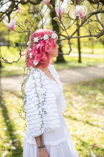 White flower hair wreath with vines Bridal hair crown Romantic braided hair wreath White bridal headpiece Hair jewelry Wedding 2021 Magaela