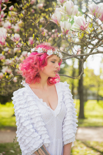 White flower hair wreath with vines Bridal hair crown Romantic braided hair wreath White bridal headpiece Hair jewelry Wedding 2021 Magaela
