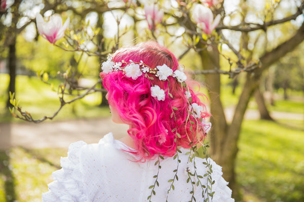 White flower hair wreath with vines Bridal hair crown Romantic braided hair wreath White bridal headpiece Hair jewelry Wedding 2021 Magaela