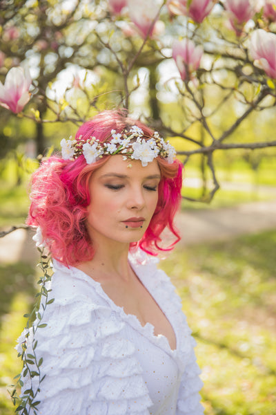 White flower hair wreath with vines Bridal hair crown Romantic braided hair wreath White bridal headpiece Hair jewelry Wedding 2021 Magaela