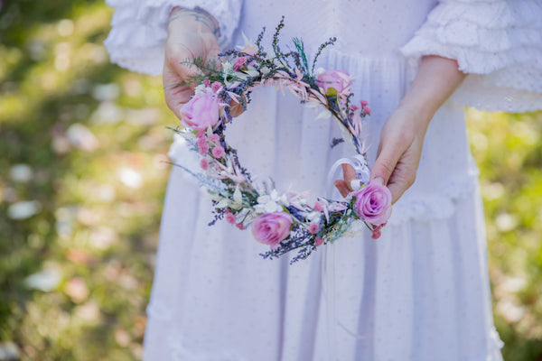 Romantic pink flower hair crown Bridal flower wreath Blush rose Hair flowers Bridal headpiece Boho wreath Magaela Wedding 2021 natural crown