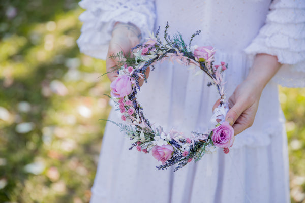 Romantic pink flower hair crown Bridal flower wreath Blush rose Hair flowers Bridal headpiece Boho wreath Magaela Wedding 2021 natural crown