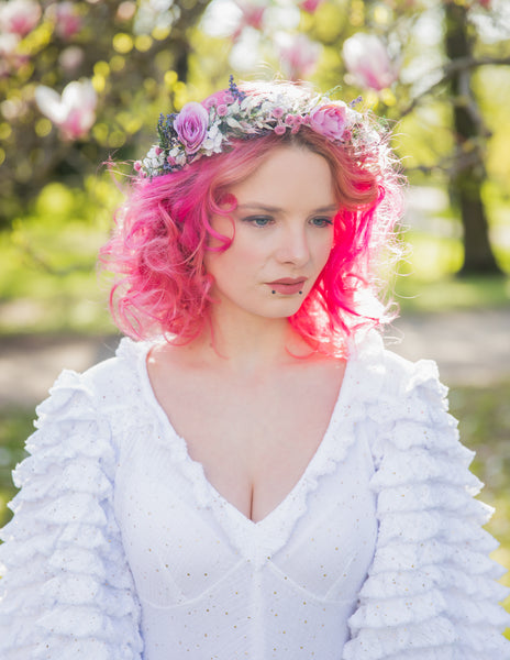 Romantic pink flower hair crown Bridal flower wreath Blush rose Hair flowers Bridal headpiece Boho wreath Magaela Wedding 2021 natural crown