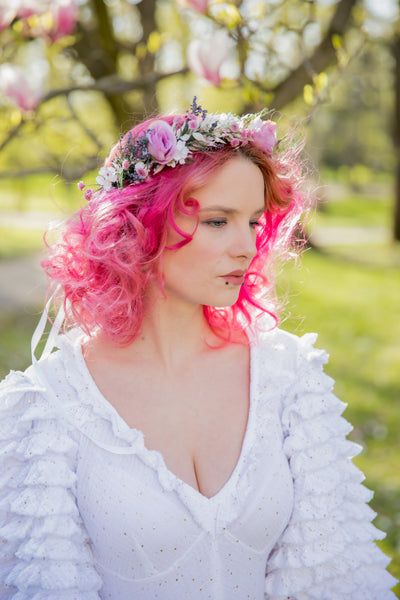 Romantic pink flower hair crown Bridal flower wreath Blush rose Hair flowers Bridal headpiece Boho wreath Magaela Wedding 2021 natural crown