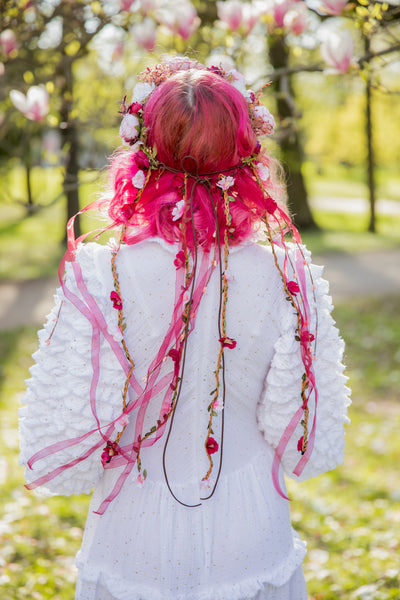 Romantic boho flower wreath Bridal pink crown with ribbons Hair wreath with veil Wedding 2021 Blush roses crown Magaela accessories