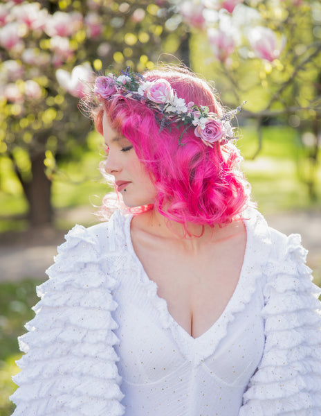 Romantic pink flower hair crown Bridal flower wreath Blush rose Hair flowers Bridal headpiece Boho wreath Magaela Wedding 2021 natural crown