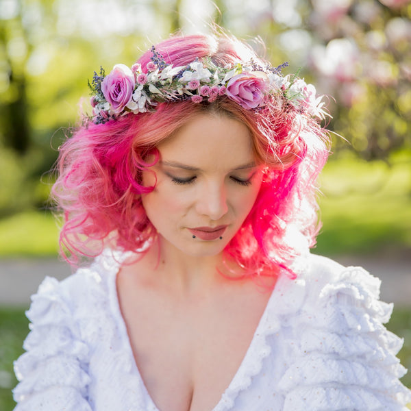 Romantic pink flower hair crown Bridal flower wreath Blush rose Hair flowers Bridal headpiece Boho wreath Magaela Wedding 2021 natural crown