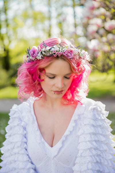 Romantic pink flower hair crown Bridal flower wreath Blush rose Hair flowers Bridal headpiece Boho wreath Magaela Wedding 2021 natural crown