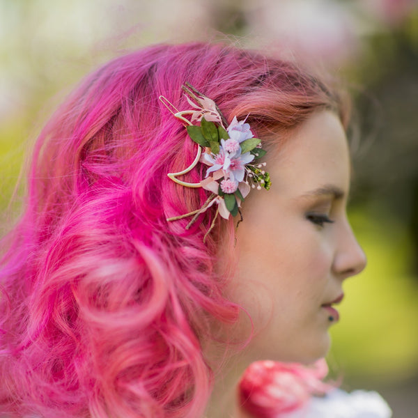 Moon flower hair clip Pink and green snap clip Flower girl Unique gift Magaela Romantic clip for girl Hair jewellery Wedding Back to school