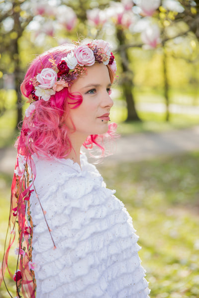 Romantic boho flower wreath Bridal pink crown with ribbons Hair wreath with veil Wedding 2021 Blush roses crown Magaela accessories