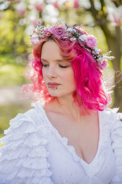 Romantic pink flower hair crown Bridal flower wreath Blush rose Hair flowers Bridal headpiece Boho wreath Magaela Wedding 2021 natural crown