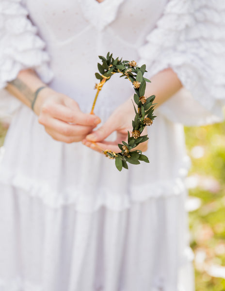 Greenery flower headband with gold accents