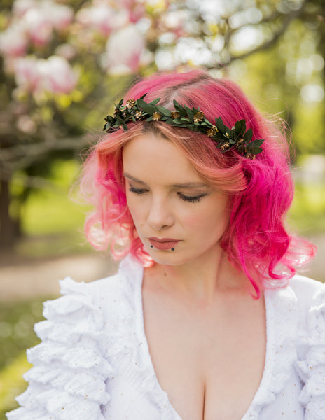 Greenery flower headband with gold accents