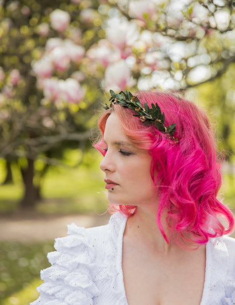 Greenery flower headband with gold accents