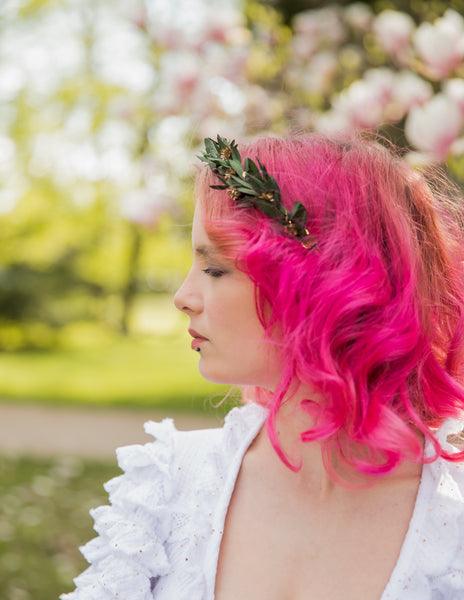 Greenery flower headband with gold accents