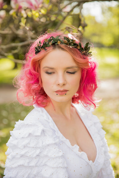 Greenery flower headband with gold accents