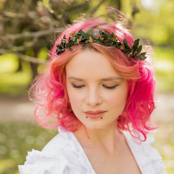 Greenery flower headband with gold accents