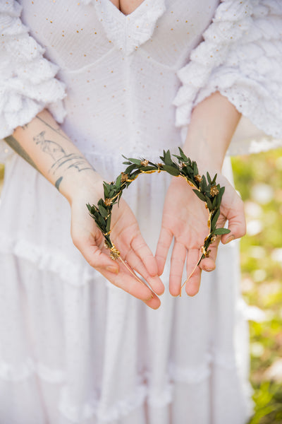 Greenery flower headband with gold accents