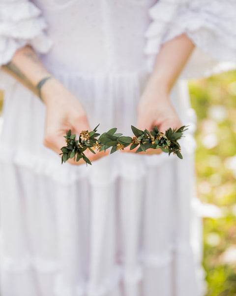 Greenery flower headband with gold accents