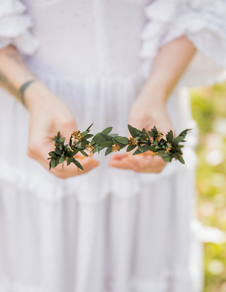 Greenery flower headband with gold accents