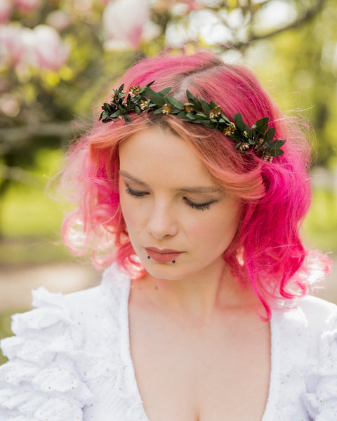 Greenery flower headband with gold accents