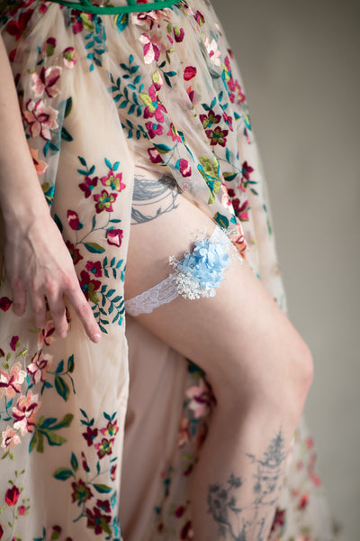 Blue hydrangea wedding garter