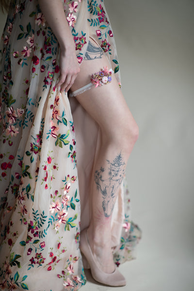 Pink peony wedding flower garter