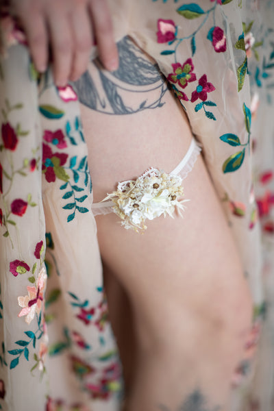 White and ivory wedding flower garter