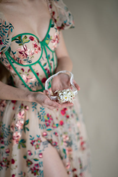 White and ivory wedding flower garter