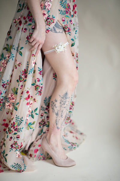 White and ivory wedding flower garter