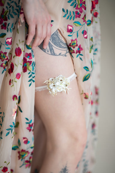 White and ivory wedding flower garter