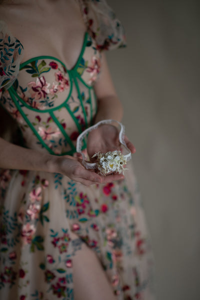 White and ivory wedding flower garter