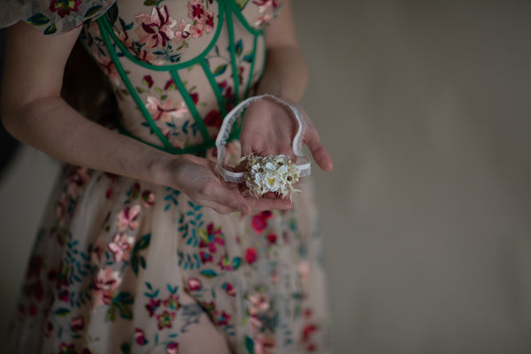 White and ivory wedding flower garter