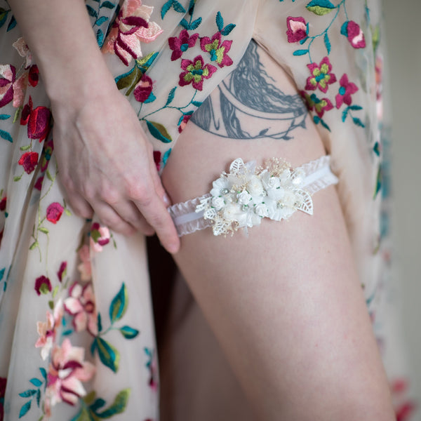 White and ivory bridal lace garter