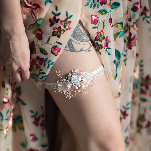 White peony wedding flower garter