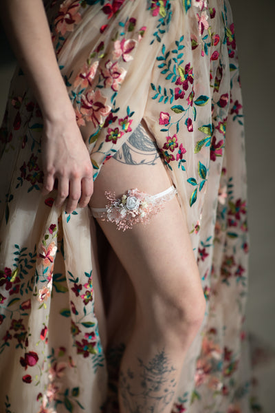 White peony wedding flower garter