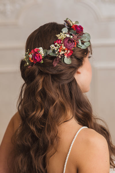 Shapeable red and green bridal hair vine Hair flowers for bride Bridal accessories Flexible Shapable hair vine Bendable eucalyptus hair vine