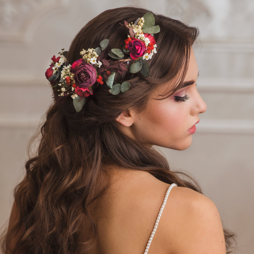 Shapeable red and green bridal hair vine Hair flowers for bride Bridal accessories Flexible Shapable hair vine Bendable eucalyptus hair vine