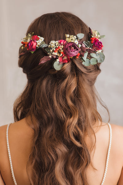 Shapeable red and green bridal hair vine Hair flowers for bride Bridal accessories Flexible Shapable hair vine Bendable eucalyptus hair vine