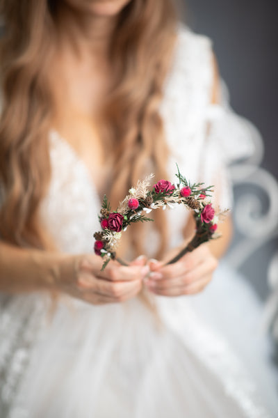 Burgundy winter headband with pine cones