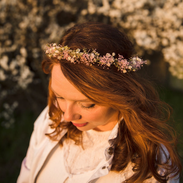 Romantic preserved flower wreath Pink Baby's breath flower crown Blush wedding headpiece Dried flower hair wreath Rustic wedding Magaela