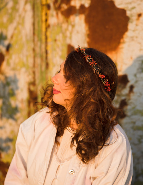 Natural baby's breath and rosemary hair wreath Bridal headpiece Delicate flower crown Dried flowers Magaela Red and green flower headpiece