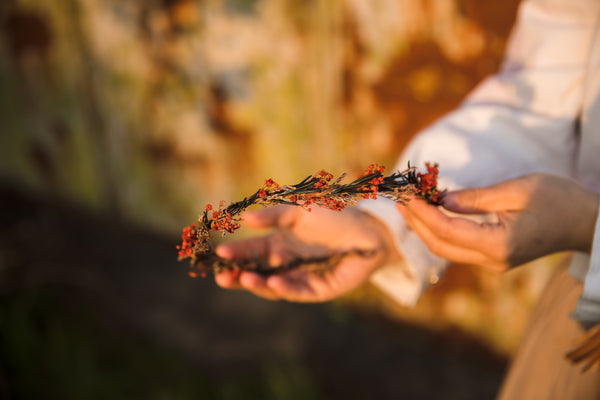 Natural baby's breath and rosemary hair wreath Bridal headpiece Delicate flower crown Dried flowers Magaela Red and green flower headpiece